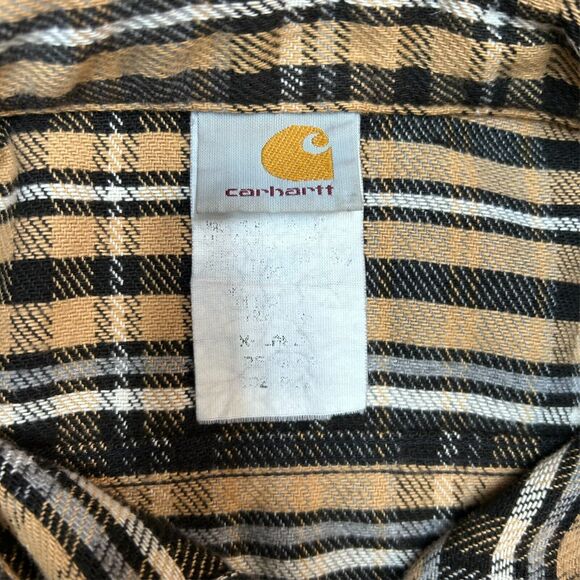 VTG Carhartt Loose Fit Heavy Flannel XL Yellow Gray Plaid Distressed Wrists - Picture 7 of 7